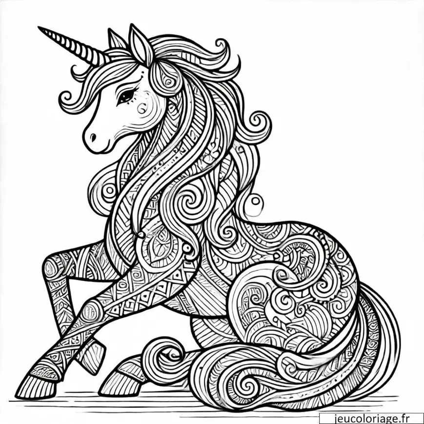 Coloriage licorne tribal majestueuse