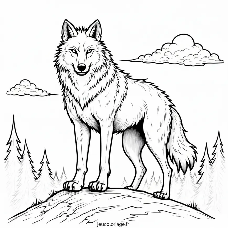 Coloriage loup majestueux sur colline en forêt paisible
