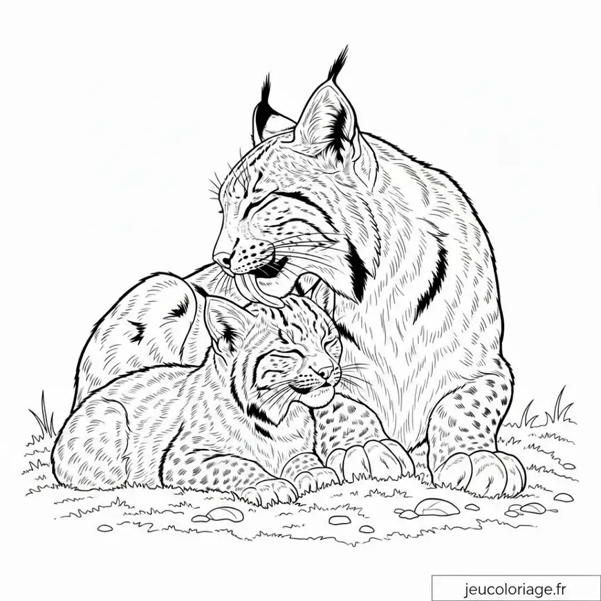 Coloriage lynx et son petit dans un moment de tendresse