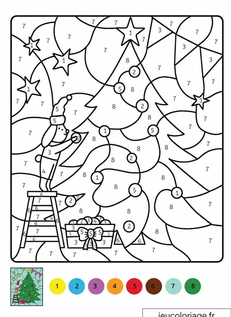Coloriage magique de Noël pour CP et CE1 : sapin et cadeaux