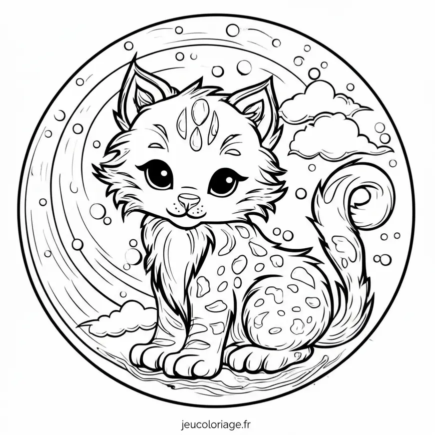 Coloriage magique de chat mignon sous la lune