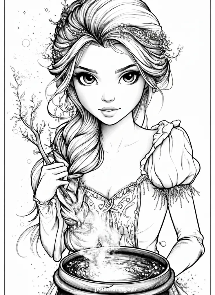 Coloriage magique de princesse avec chaudron enchanté