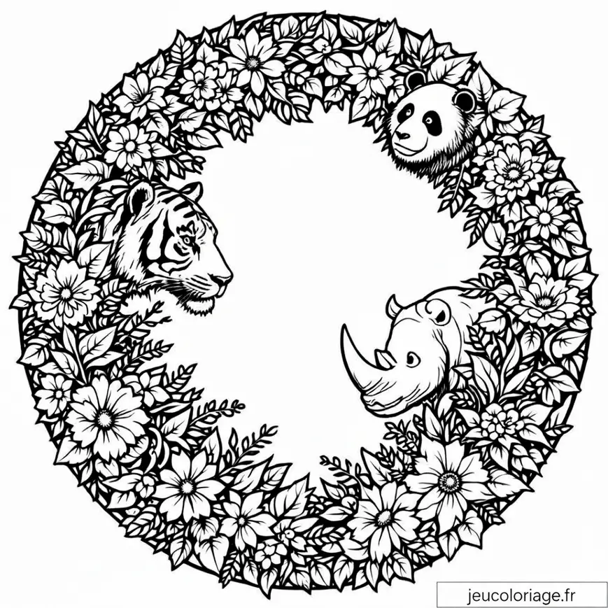 Coloriage mandala animaux jungle : tigre, panda, rhinocéros