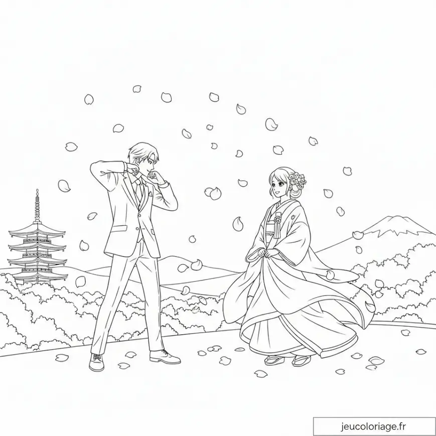 Coloriage mariée et marié en tenue traditionnelle japonaise