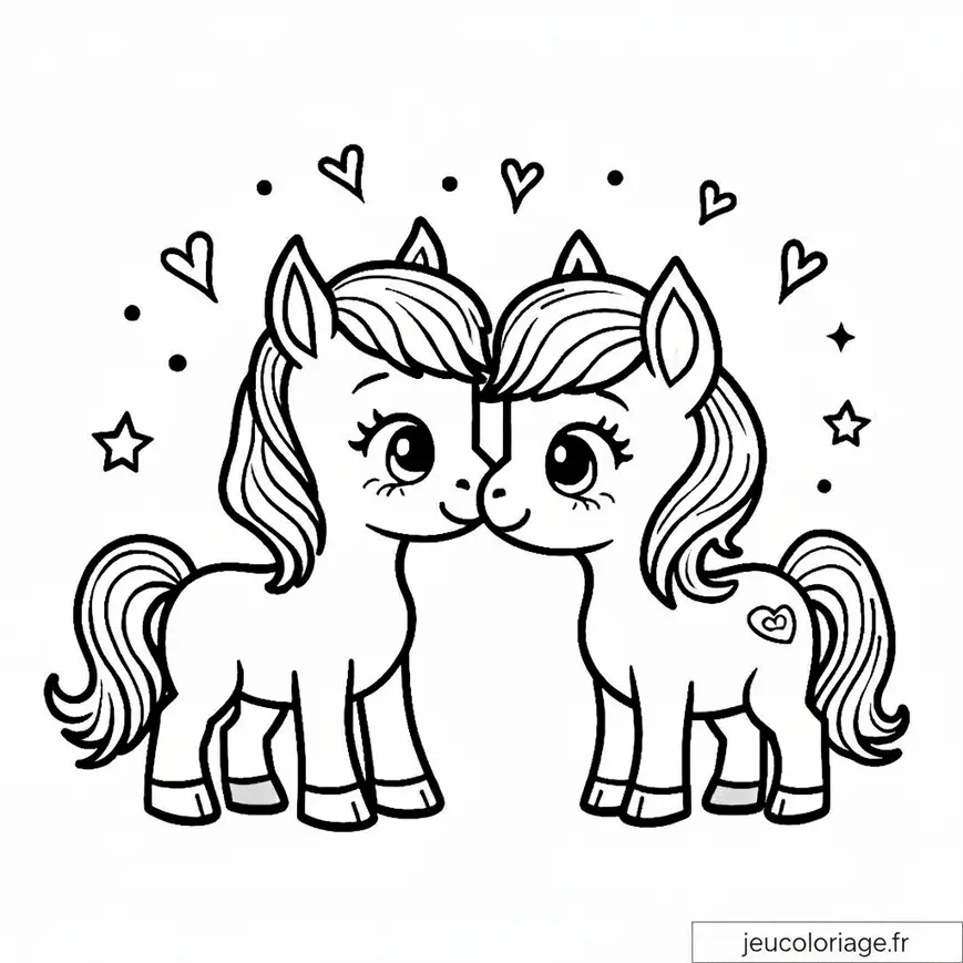 Coloriage mignon de poneys amoureux pour enfants