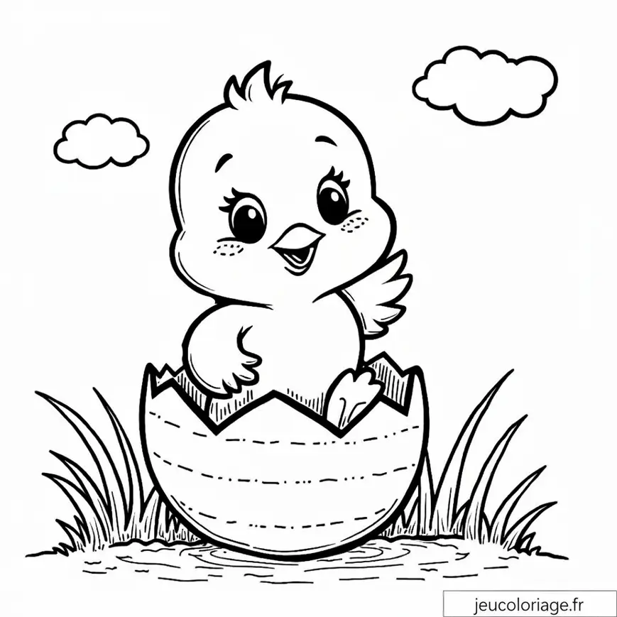 Coloriage mignon de poussin dans un œuf fleuri