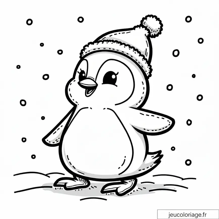 Coloriage mignon d&rsquo;un petit pingouin avec un bonnet d&rsquo;hiver