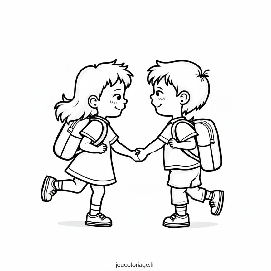 Coloriage mignon : enfants cartables main dans la main