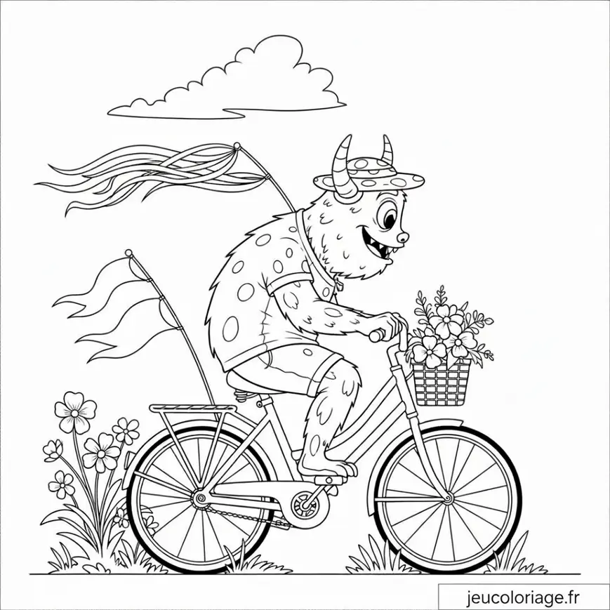 Coloriage monstre farfelu en balade à vélo