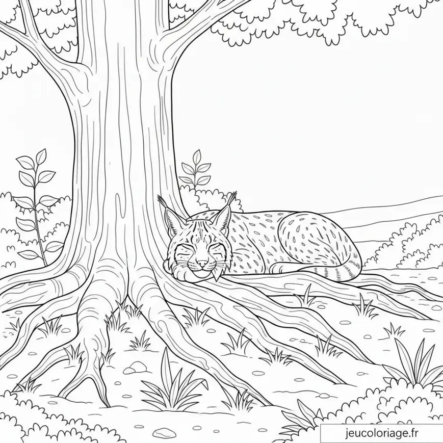 Coloriage nature relaxante : lynx endormi sous un arbre majestueux