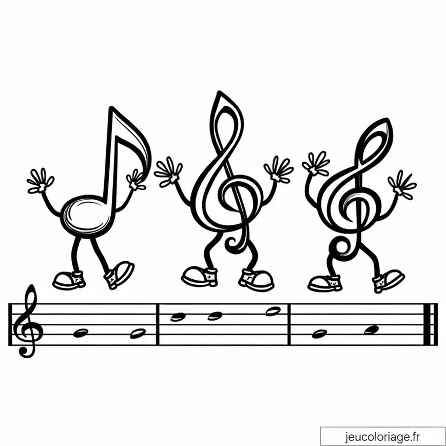 Coloriage notes et clefs de sol dansant joyeusement