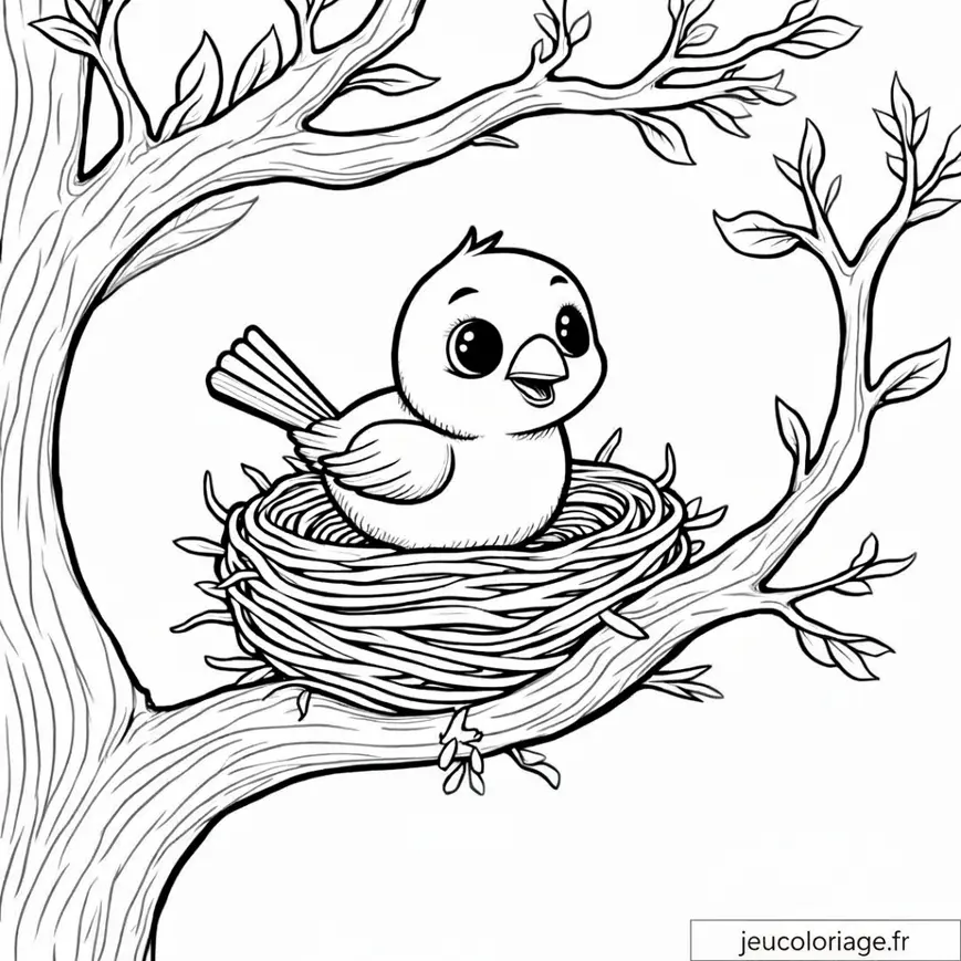 Coloriage oisillon dans son nid sur une branche d&rsquo;arbre
