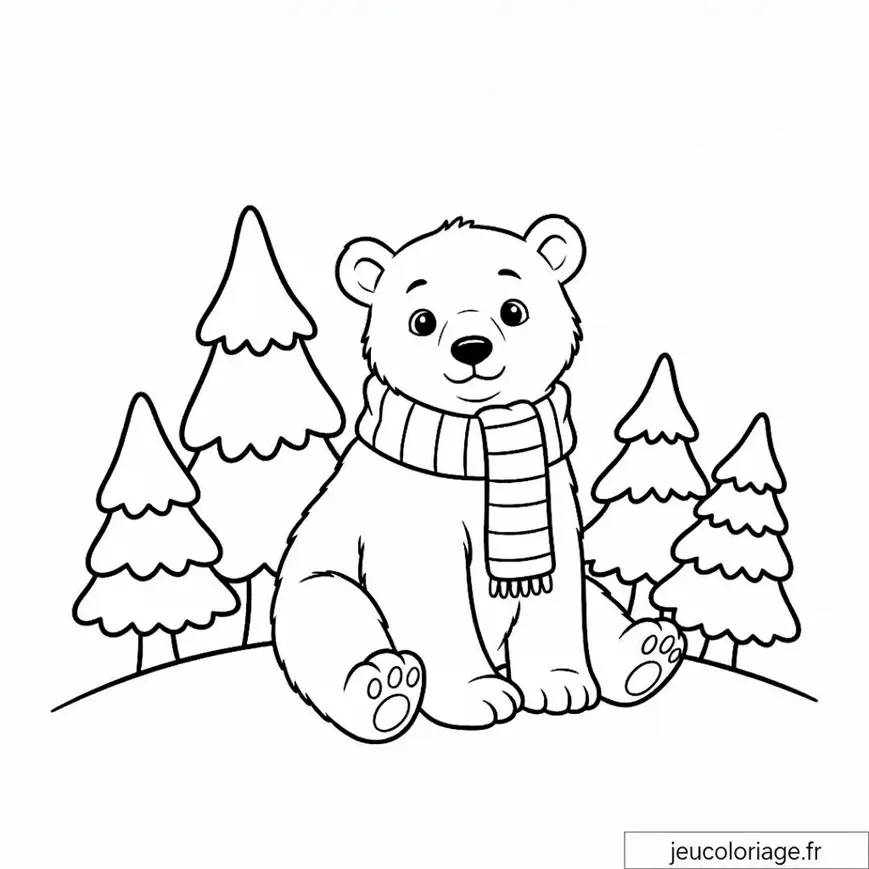 Coloriage ours mignon avec écharpe en forêt hivernale