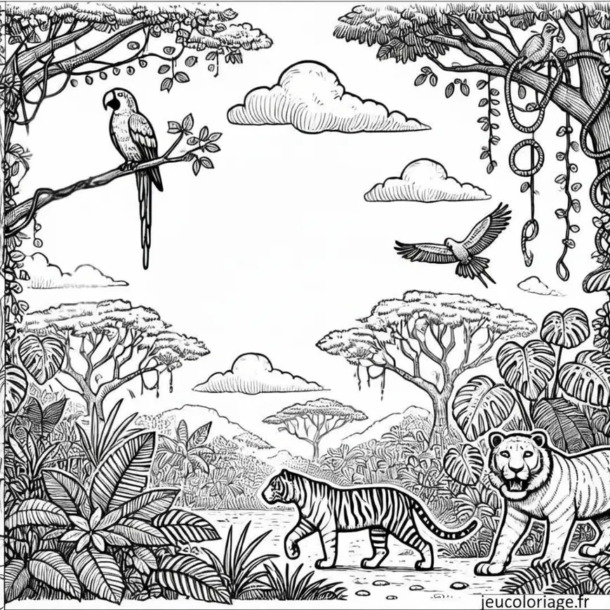 Coloriage paysage de jungle avec des animaux exotiques