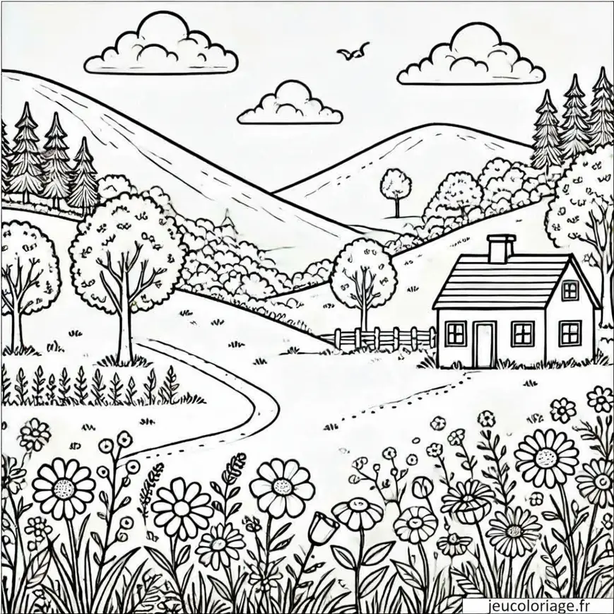 Coloriage paysage de prairie avec un petit chalet