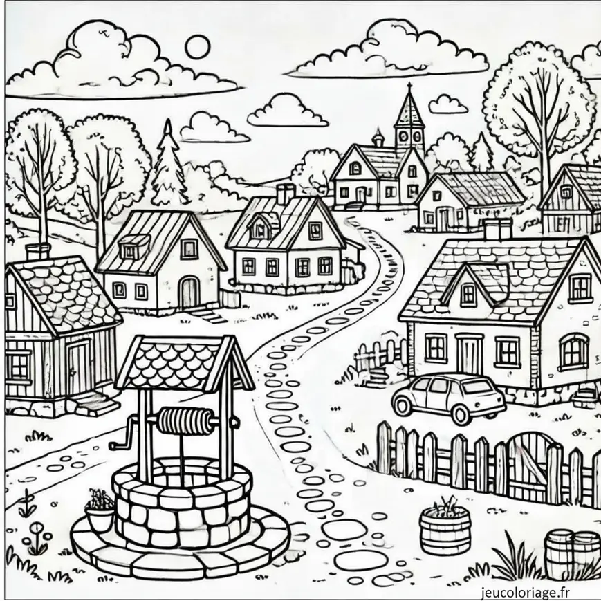 Coloriage paysage de village avec des petites maisons