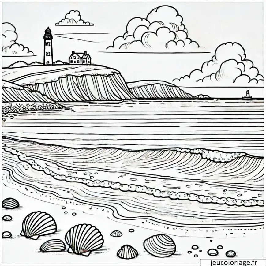 Coloriage paysage plage et phare
