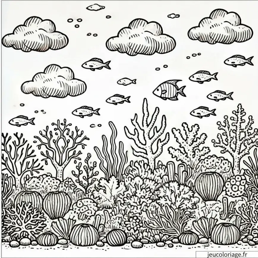 Coloriage paysage sous-marin avec un récif de corail