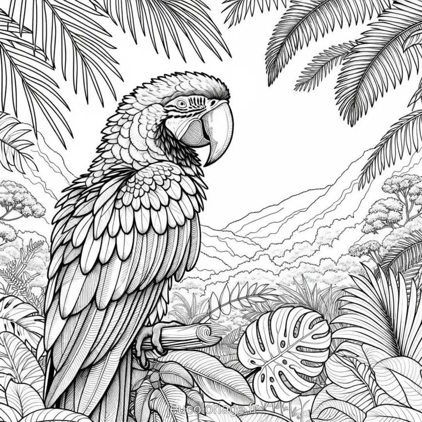 Coloriage perroquet dans la Jungle