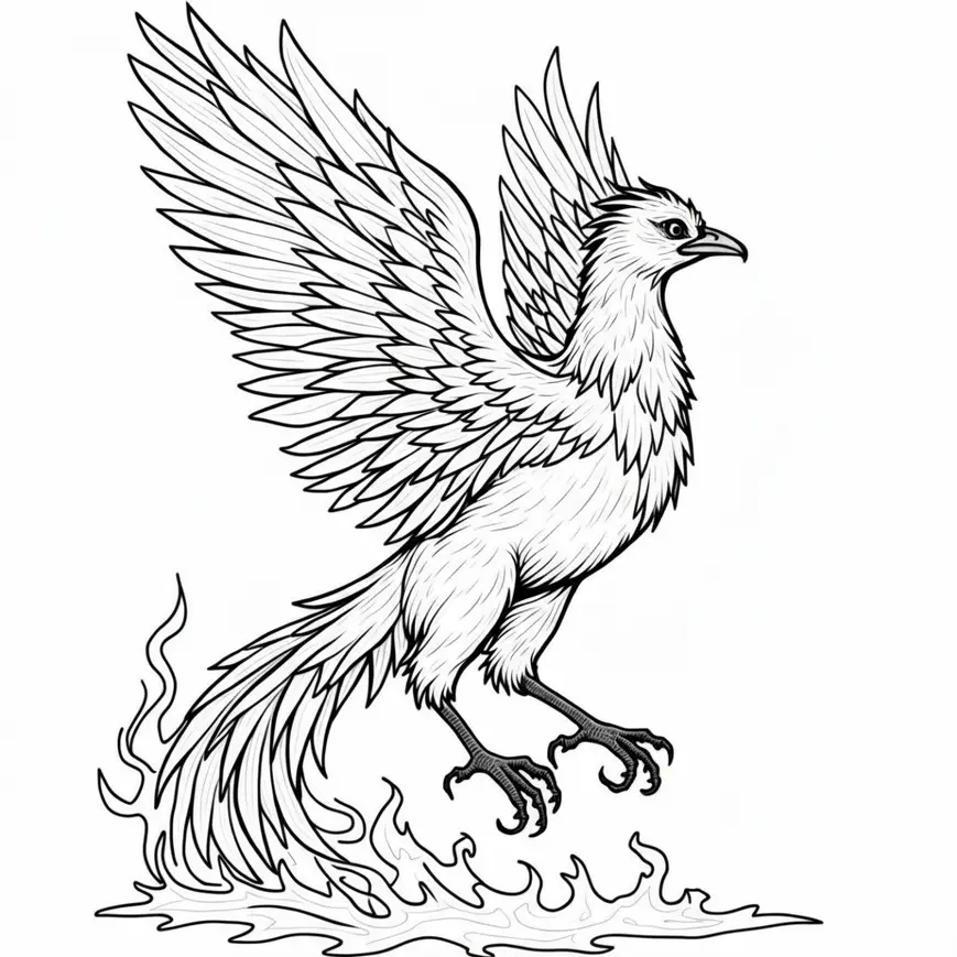 Coloriage phénix majestueux en pleine renaissance