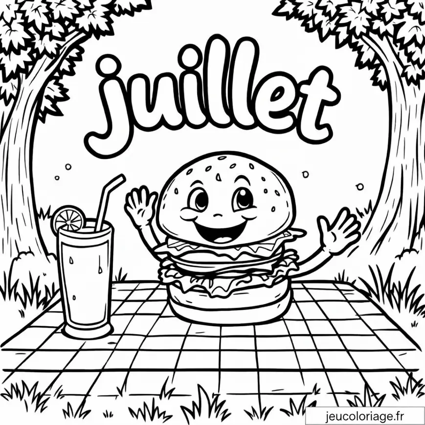 Coloriage pique-nique estival avec burger joyeux