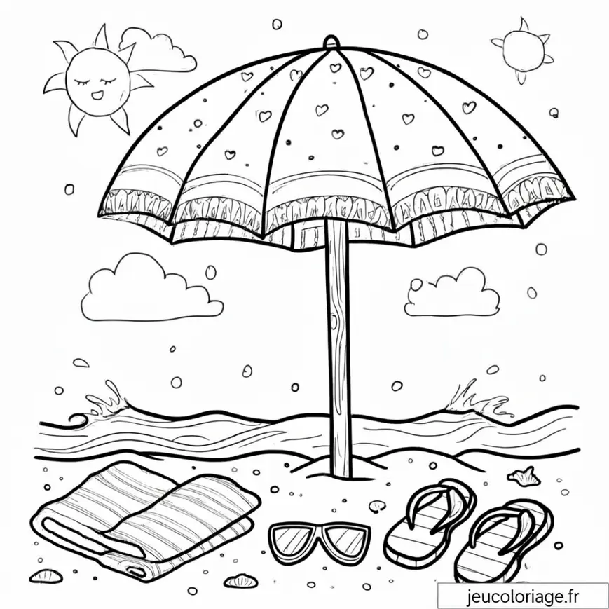 Coloriage plage idyllique avec parasol et soleil joyeux