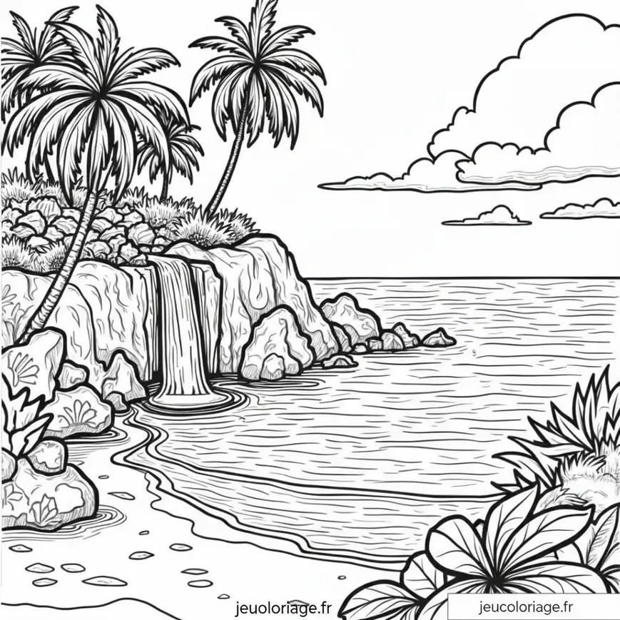 Coloriage plage paradisiaque avec cascade et palmiers