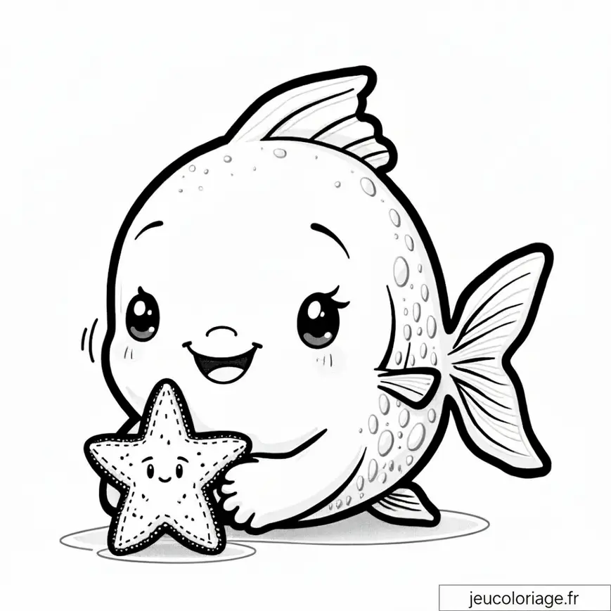 Coloriage poisson mignon embrassant étoile de mer