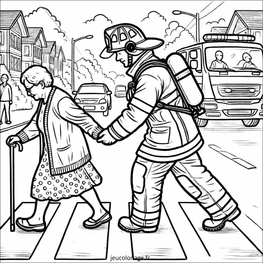 Coloriage pompier aidant une personne âgée