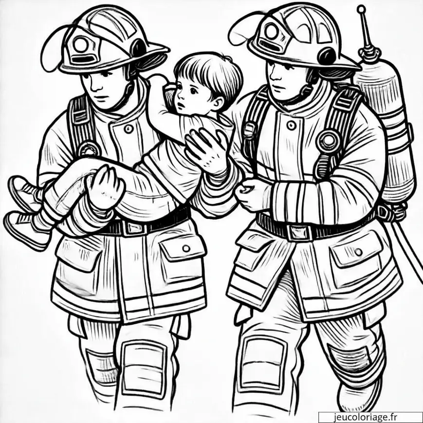 Coloriage pompiers portant un enfant