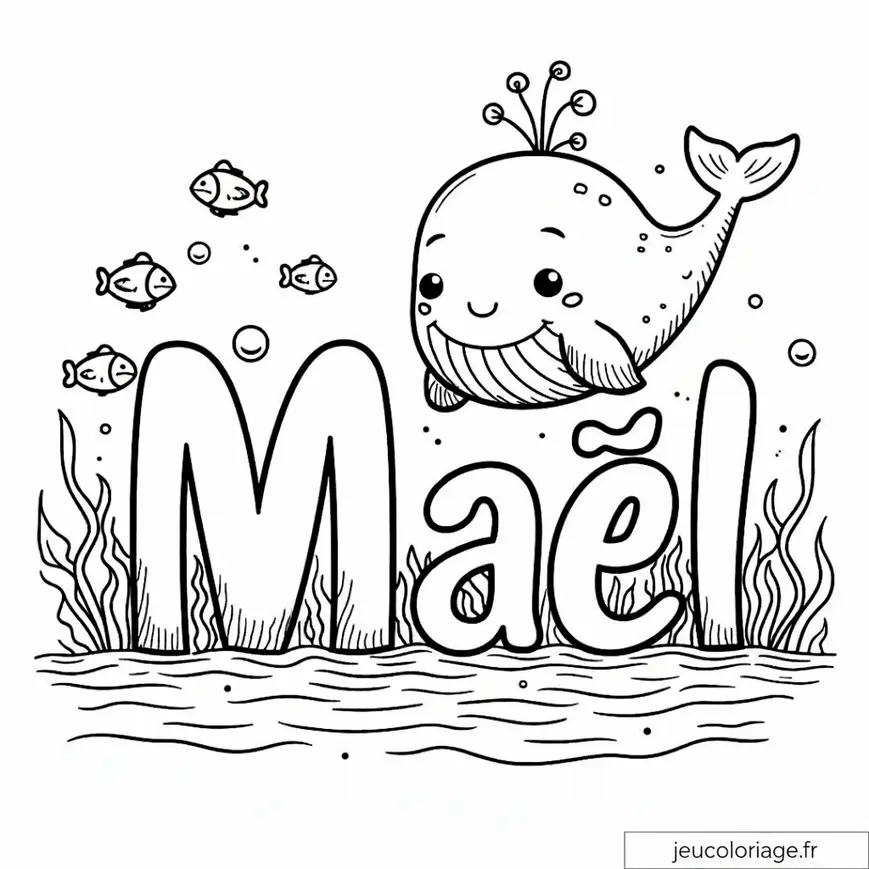 Coloriage pour enfants : Baleine amicale et Maël sous-marin