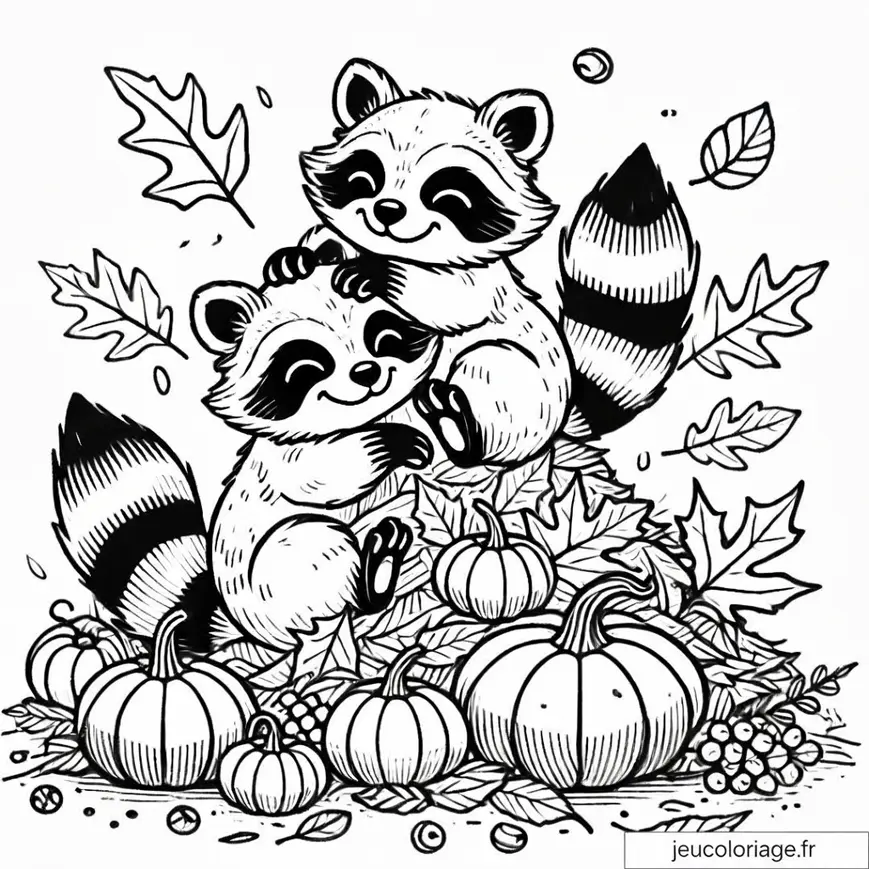 Coloriage ratons laveurs dans les feuilles
