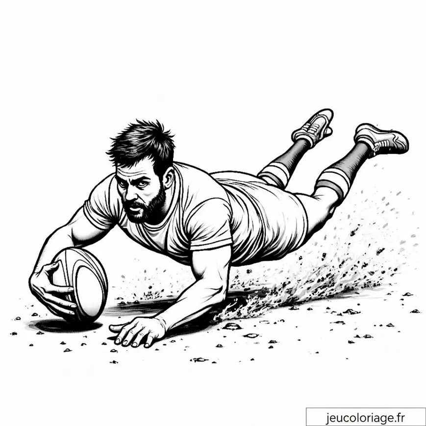 Coloriage rugby : joueur en action plongeante