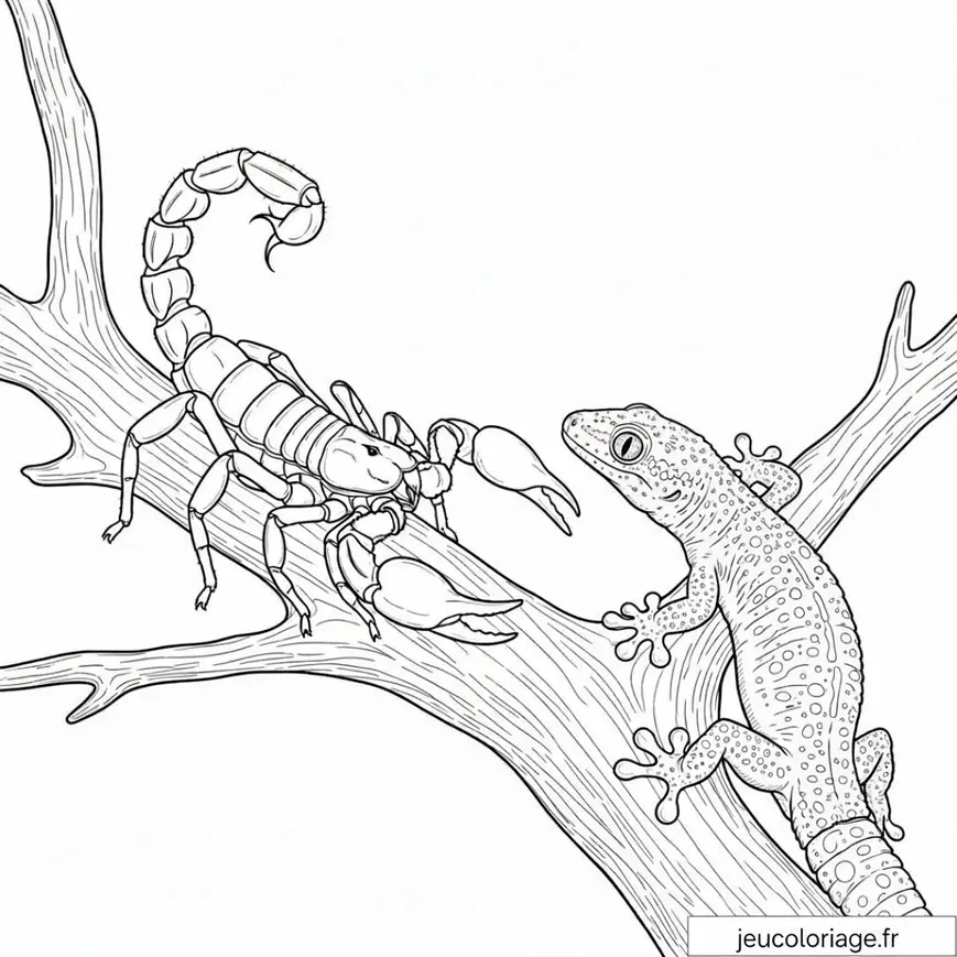 Coloriage scorpion et lézard sur une branche exotique