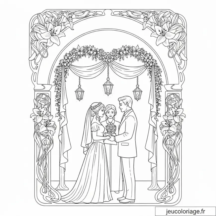 Coloriage scène romantique de mariage sous arche de fleurs
