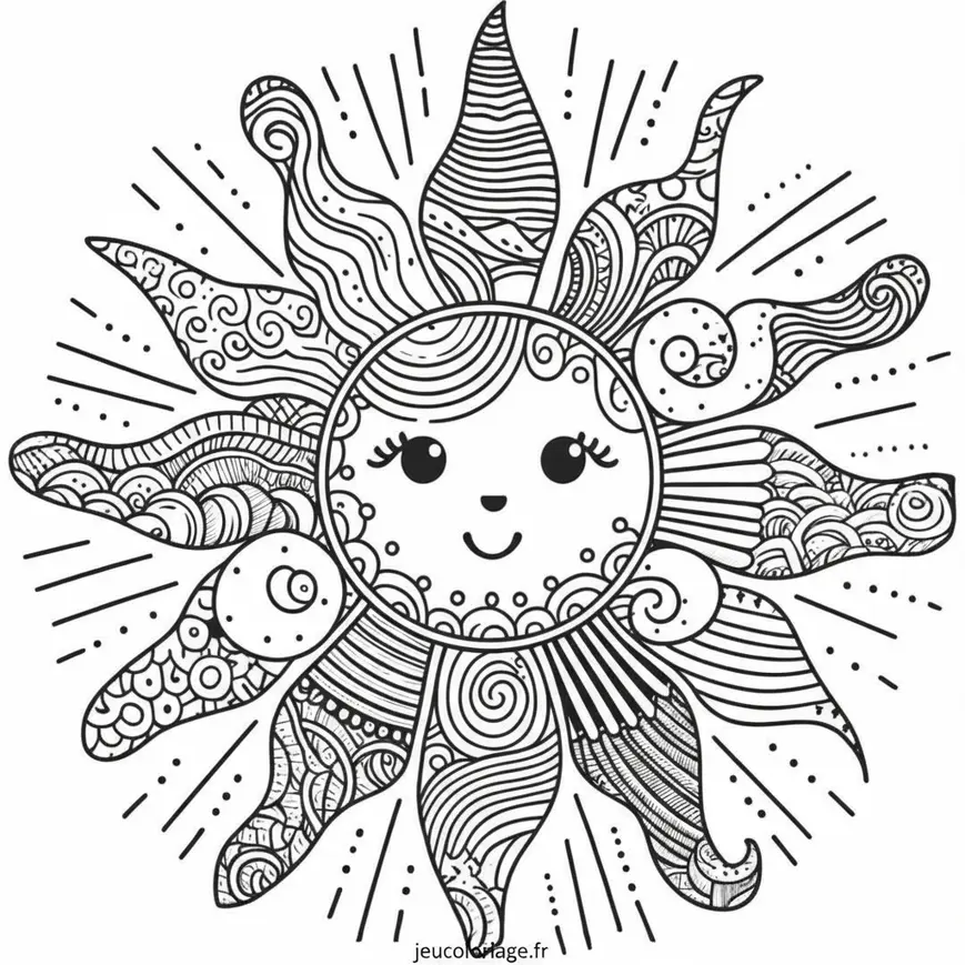 Coloriage soleil aux rayons ondulés