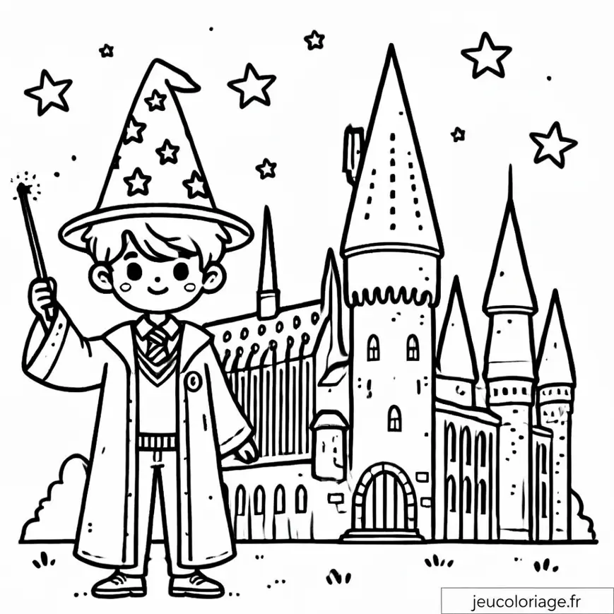 Coloriage sorcier devant Poudlard