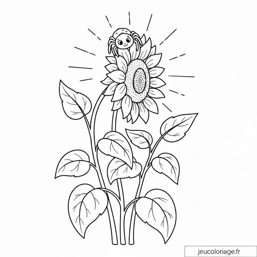 Coloriage tournesol avec araignée mignonne à imprimer