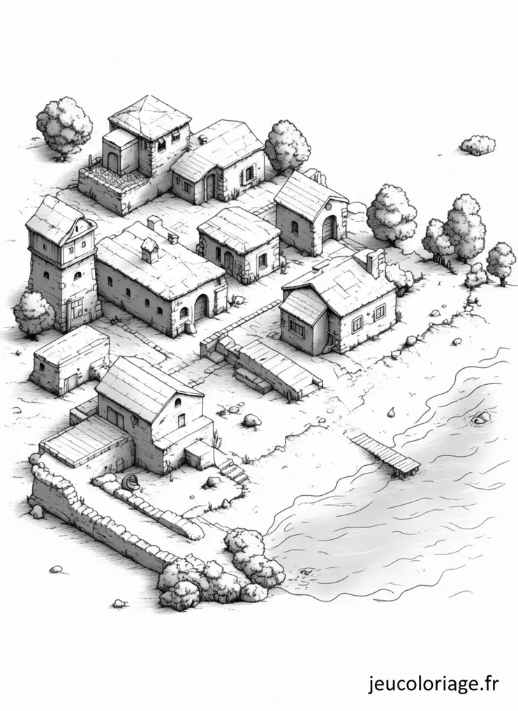 Coloriage village côtier pittoresque à découvrir et colorier