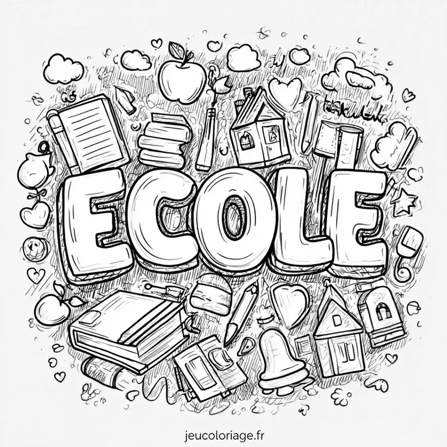 Coloriage École : Craie, Livres et Pommes à Colorier