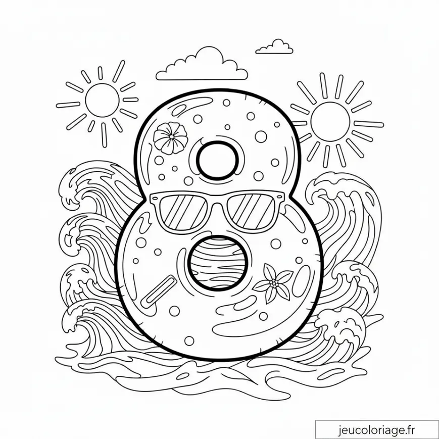 Coloriage été amusant : Duo de donuts et soleil éclatant