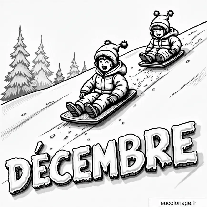 Descente en luge en décembre à colorier pour enfants