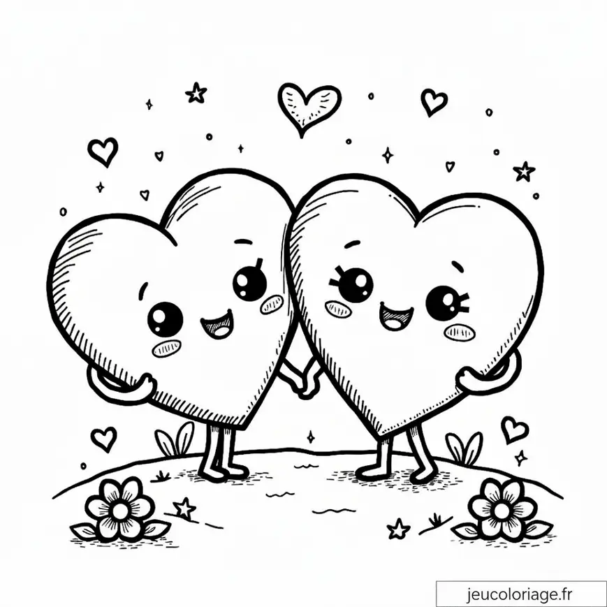 Dessin à colorier : Adorables cœurs amoureux main dans la main