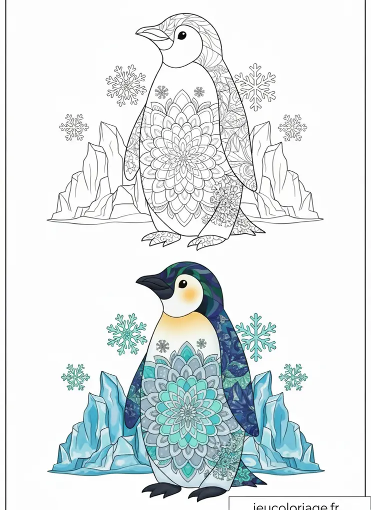 Dessin à colorier de pingouin avec motifs glacés