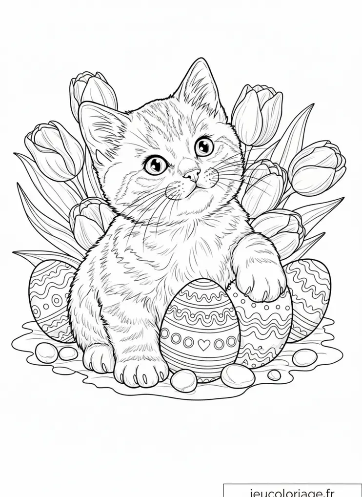 Dessin chat et tulipes : coloriage de Pâques adorable