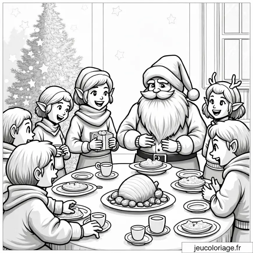 Dessin de Noël à colorier : Père Noël et lutins partageant un repas