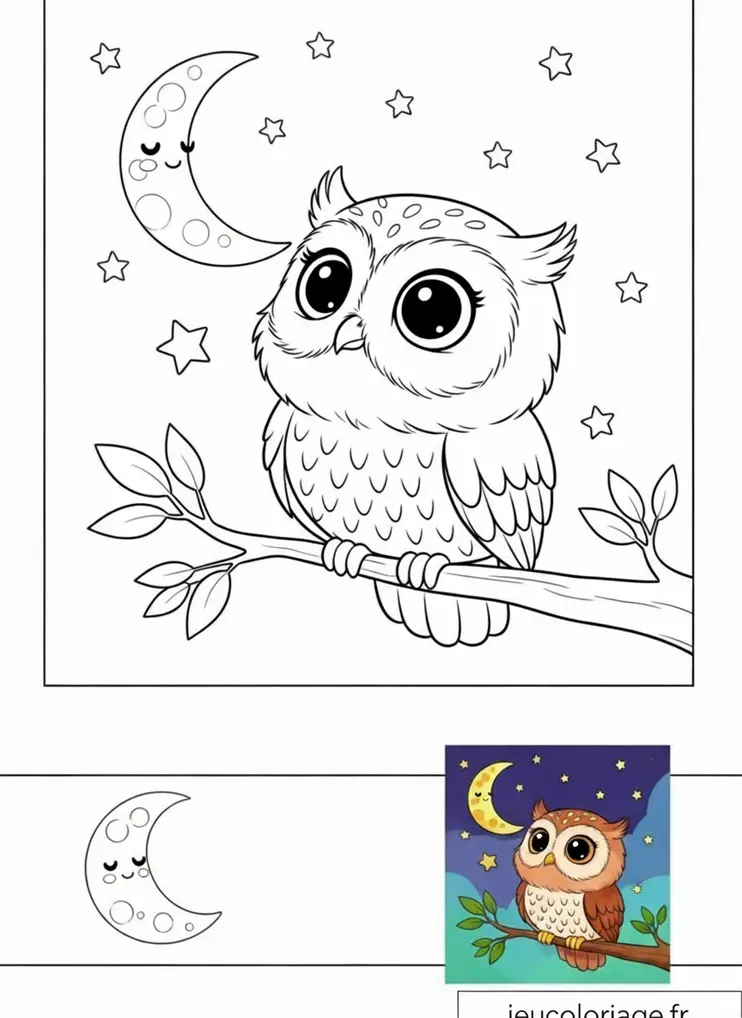 Dessin hibou et lune, coloriage magique pour enfants