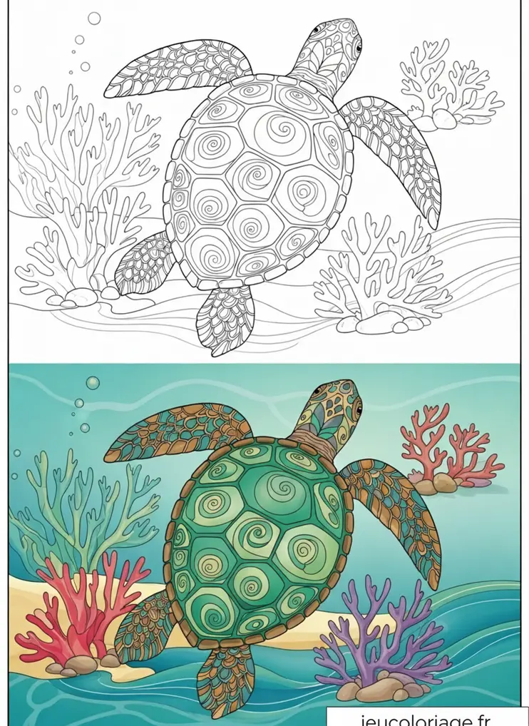 Dessin tortue marine exotique à colorier avec nuances vives