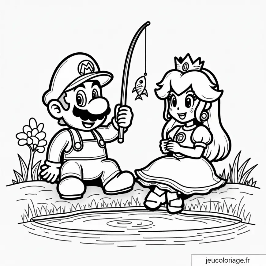 Dessin à colorier de Mario et Princesse Peach à la pêche
