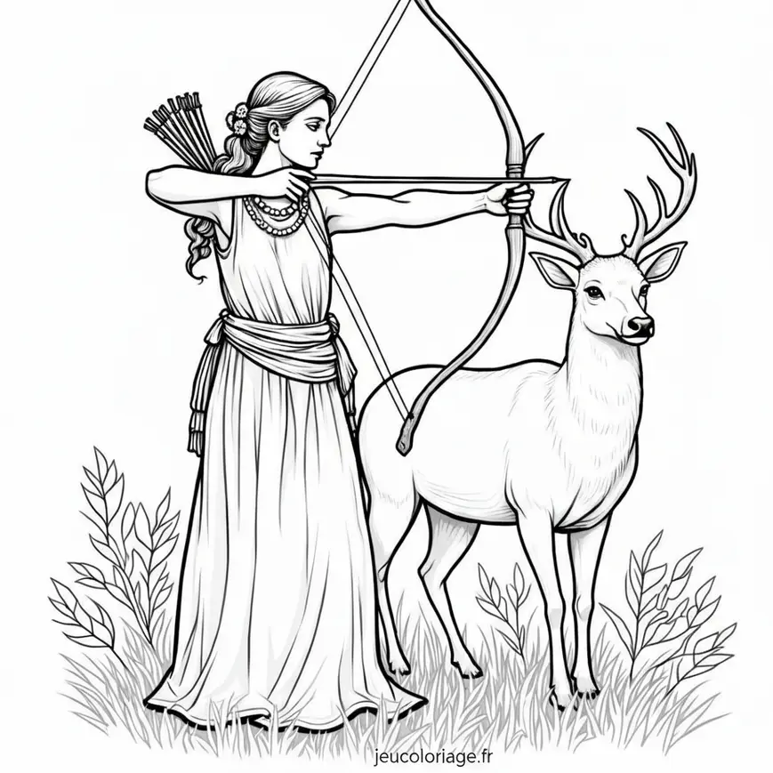 Dessin à colorier de la déesse Artemis avec un cerf majestueux